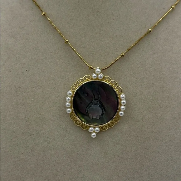 Round Gold Tone Silver 925 and Black Shell Totoro Pendant on Ball Chain - Picture 9 of 9